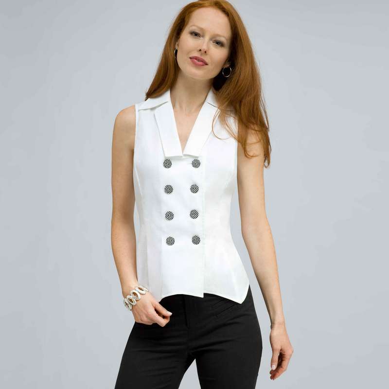 Double Breasted Sleeveless Button Down Blouse., White, large